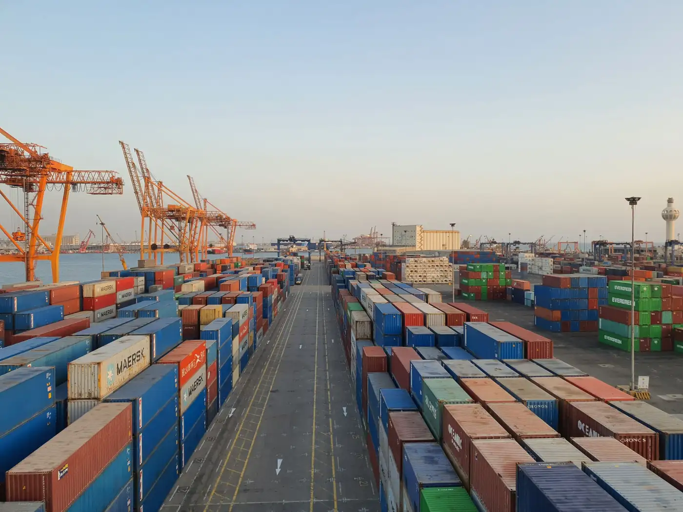 Stacked shipping containers at a port